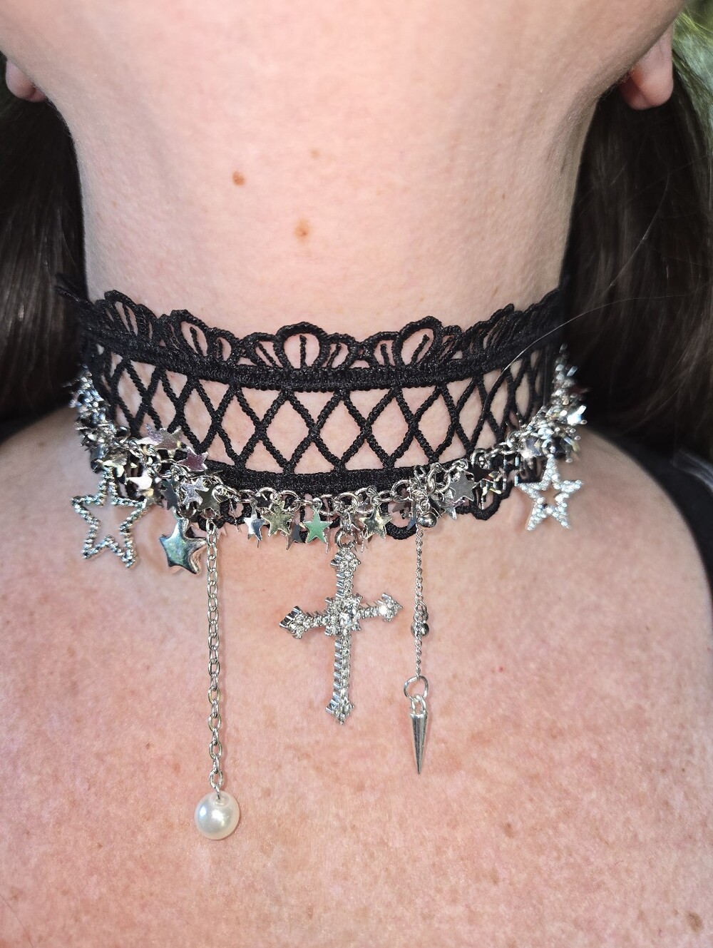 Black Lace Choker Necklace with Silver Cross, Stars & Dangle Charms